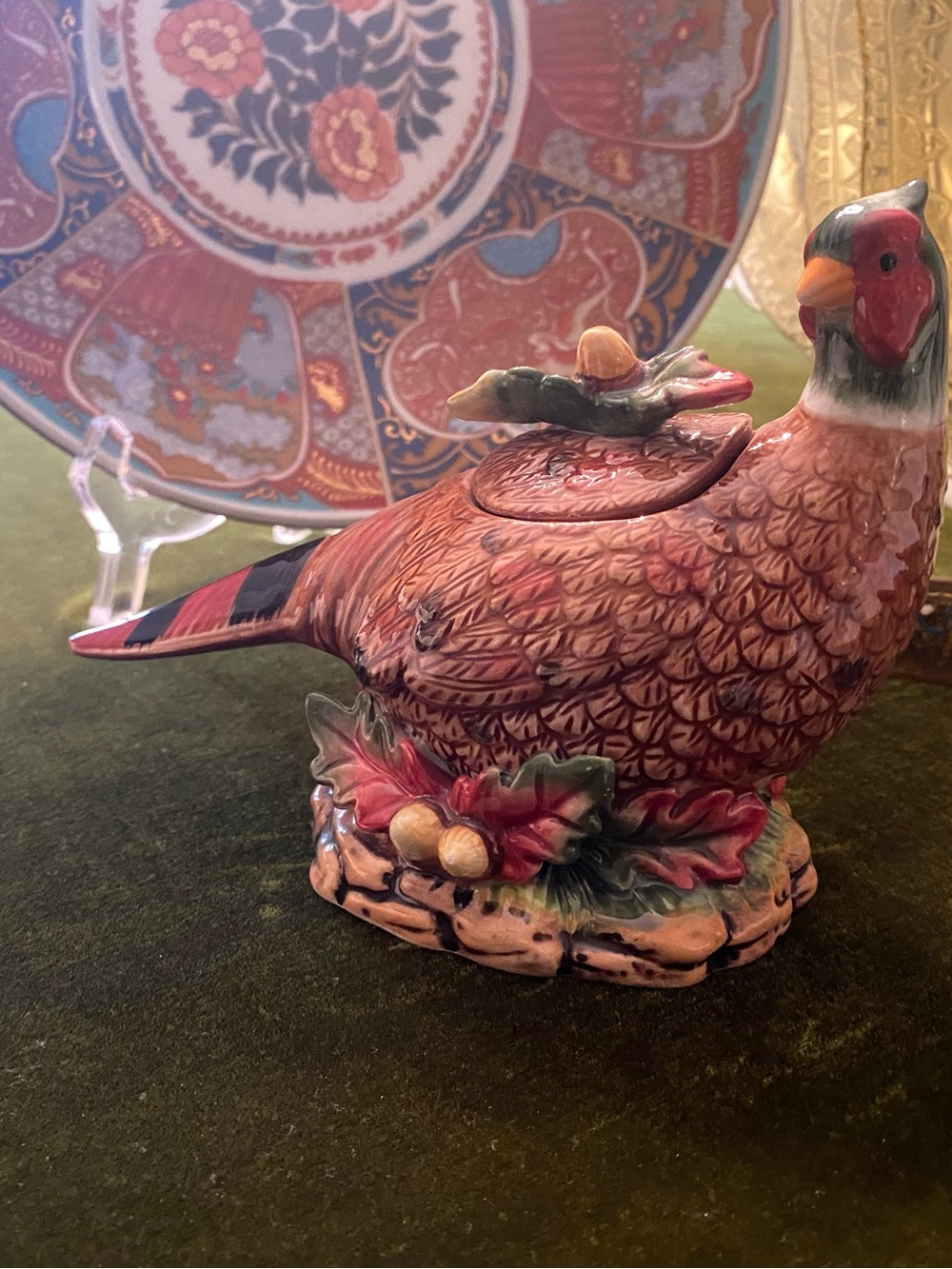 Decorative Ceramic Pheasant Figurine Condiment Pot Majolica style